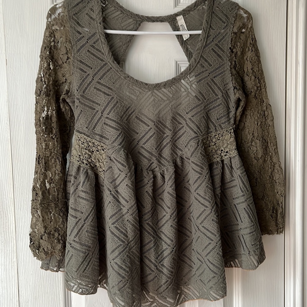 Free People olive green lace babydoll top with open back size XS